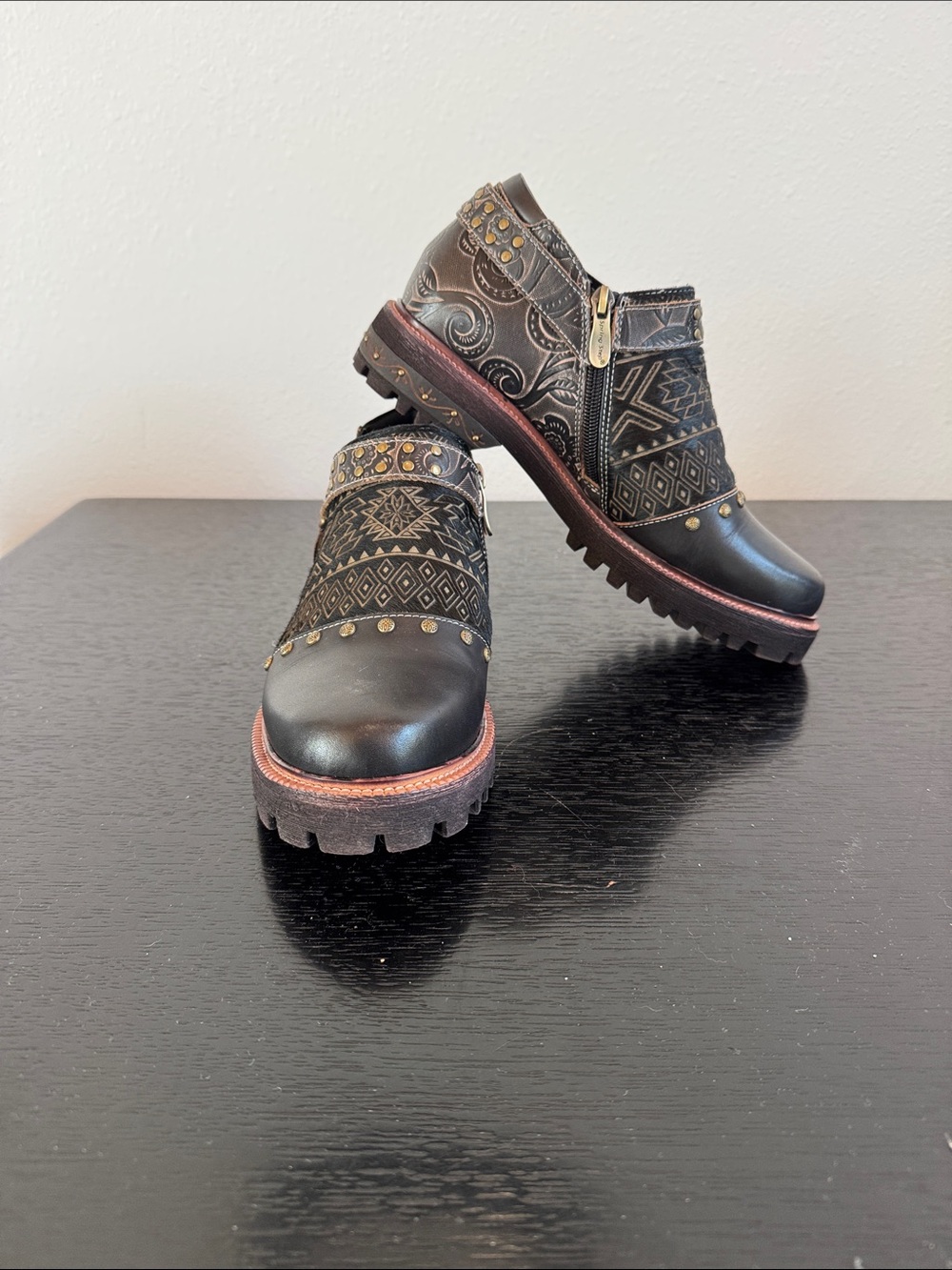 Spring Step L’Artiste Black Patterned Women’s Shoe with Stud Accents